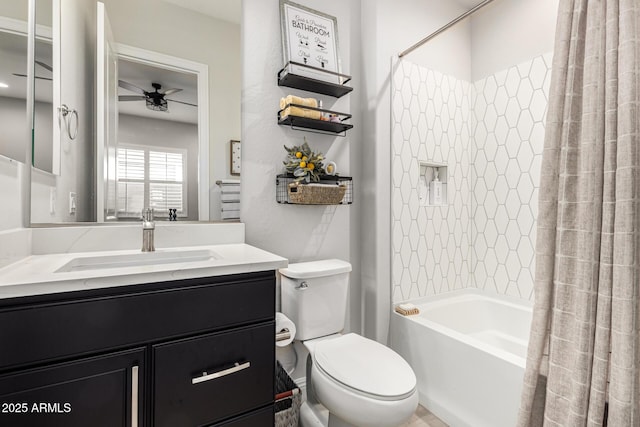 full bathroom featuring toilet, a ceiling fan, shower / bath combination with curtain, and vanity