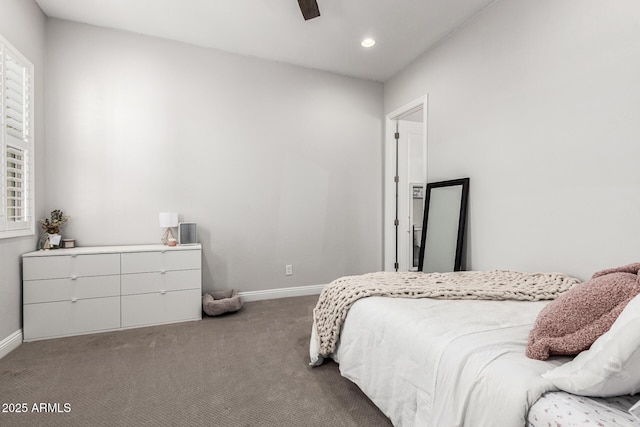 bedroom with carpet, baseboards, ceiling fan, and recessed lighting