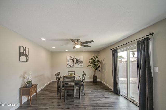 8523 W Whitton Ave, Phoenix, AZ 85037 - dining room featuring ceiling fan, dark wood-type flooring, recessed lighting, and baseboards