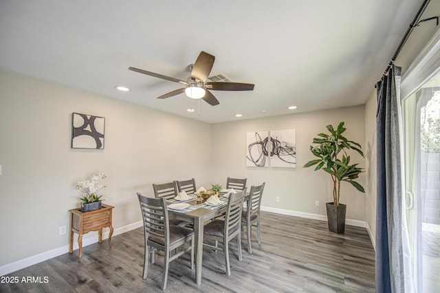 8523 W Whitton Ave, Phoenix, AZ 85037 - dining area with wood finished floors, baseboards, ceiling fan, and recessed lighting