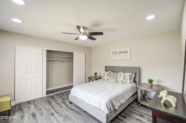8523 W Whitton Ave, Phoenix, AZ 85037 - bedroom with a closet, wood finished floors, recessed lighting, baseboards, and a ceiling fan