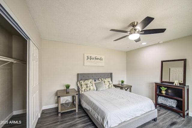 8523 W Whitton Ave, Phoenix, AZ 85037 - bedroom featuring wood finished floors, a closet, baseboards, a ceiling fan, and recessed lighting
