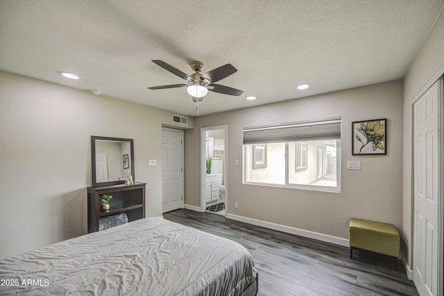 8523 W Whitton Ave, Phoenix, AZ 85037 - bedroom with dark wood-style flooring, baseboards, a closet, recessed lighting, and a ceiling fan