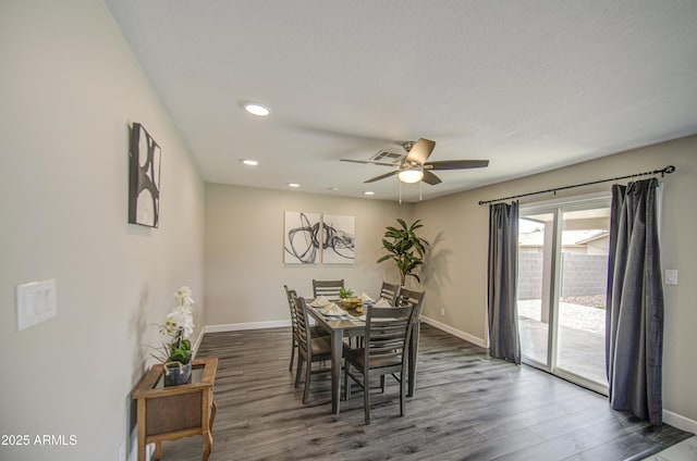 8523 W Whitton Ave, Phoenix, AZ 85037 - dining room featuring baseboards, dark wood-style flooring, a ceiling fan, and recessed lighting
