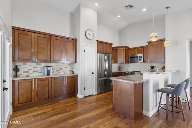 kitchen with stainless steel appliances, a peninsula, dark wood finished floors, high vaulted ceiling, and backsplash