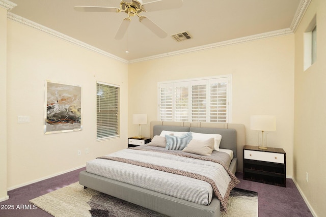 carpeted bedroom with ornamental molding and ceiling fan