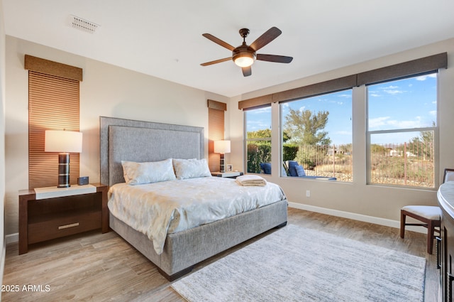 bedroom with ceiling fan and light wood-type flooring