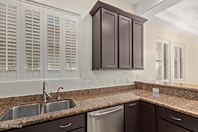 6202 E Mckellips Rd Unit 25, Mesa, AZ 85215 - kitchen featuring dishwasher, a sink, dark stone counters, and dark brown cabinets