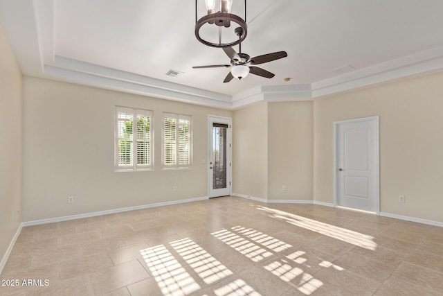 6202 E Mckellips Rd Unit 25, Mesa, AZ 85215 - unfurnished room with a raised ceiling, light tile patterned flooring, ceiling fan, and baseboards