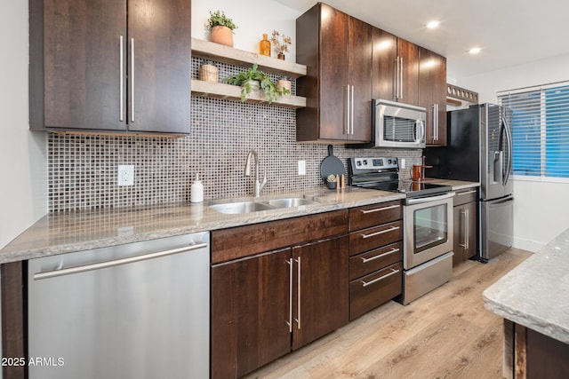 kitchen featuring dark brown cabinets, stainless steel appliances, sink, and decorative backsplash