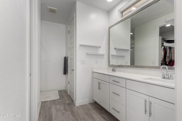 bathroom with double vanity, a walk in closet, a sink, and wood finished floors