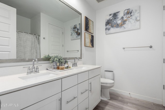 bathroom featuring baseboards, a sink, toilet, and double vanity