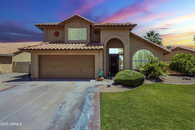 2340 W Myrtle Dr, Chandler, AZ 85248 - mediterranean / spanish-style home featuring concrete driveway, stucco siding, a tile roof, and a front yard