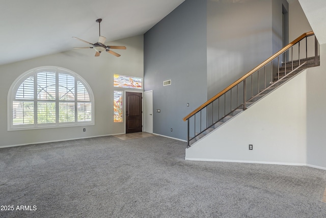 2340 W Myrtle Dr, Chandler, AZ 85248 - unfurnished living room featuring ceiling fan, stairs, carpet floors, and high vaulted ceiling