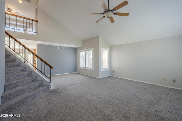 2340 W Myrtle Dr, Chandler, AZ 85248 - unfurnished living room featuring ceiling fan, high vaulted ceiling, carpet flooring, and stairway