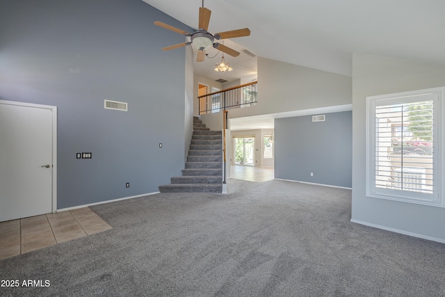 2340 W Myrtle Dr, Chandler, AZ 85248 - unfurnished living room featuring high vaulted ceiling, carpet flooring, a ceiling fan, and stairs