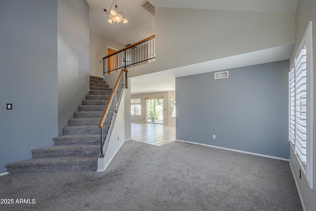 2340 W Myrtle Dr, Chandler, AZ 85248 - stairway featuring high vaulted ceiling and carpet floors