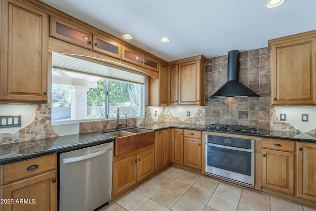 2340 W Myrtle Dr, Chandler, AZ 85248 - kitchen featuring appliances with stainless steel finishes, wall chimney exhaust hood, light tile patterned floors, backsplash, and brown cabinetry