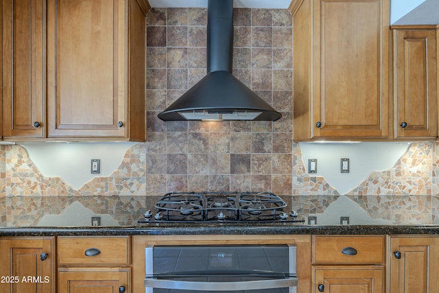 2340 W Myrtle Dr, Chandler, AZ 85248 - kitchen featuring stainless steel oven, black gas cooktop, wall chimney exhaust hood, tasteful backsplash, and brown cabinets
