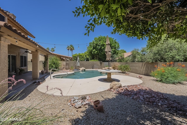 2340 W Myrtle Dr, Chandler, AZ 85248 - view of swimming pool featuring a fenced backyard, a patio, and ceiling fan
