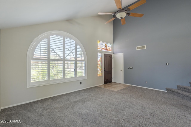 2340 W Myrtle Dr, Chandler, AZ 85248 - unfurnished living room with a ceiling fan, carpet flooring, stairway, and high vaulted ceiling