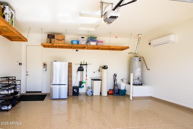 garage featuring a garage door opener, freestanding refrigerator, water heater, and baseboards