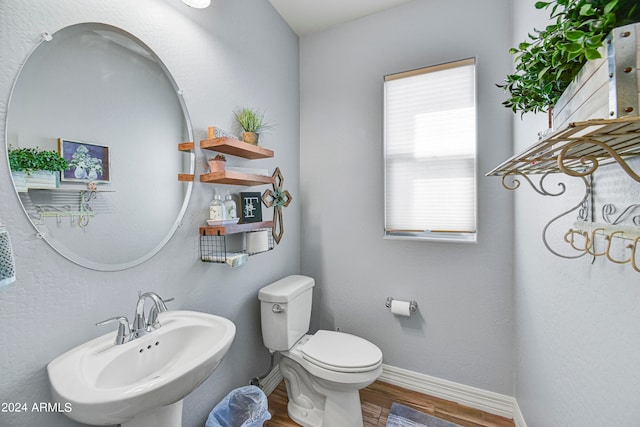 bathroom featuring wood-type flooring, toilet, and sink