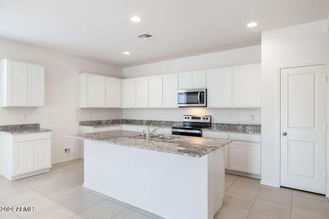 kitchen with light stone counters, a sink, stainless steel appliances, white cabinetry, and visible vents