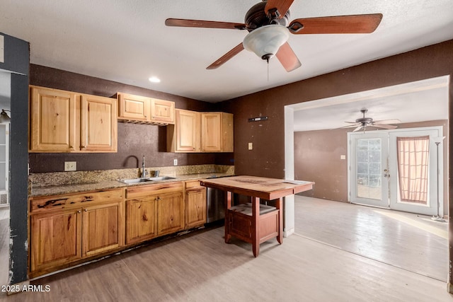 kitchen featuring stainless steel dishwasher, sink, light brown cabinets, and light wood-type flooring