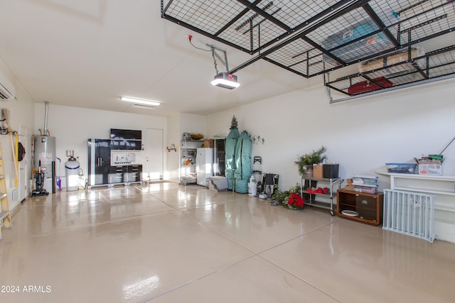 garage with gas water heater, a garage door opener, and white fridge