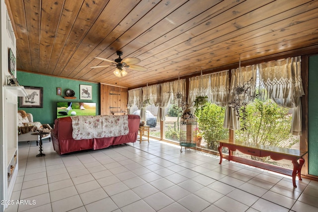 interior space with a ceiling fan, wooden ceiling, and tile patterned floors