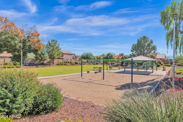 view of play area with a lawn and a gazebo