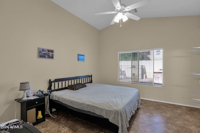 bedroom featuring ceiling fan, light tile patterned floors, and high vaulted ceiling