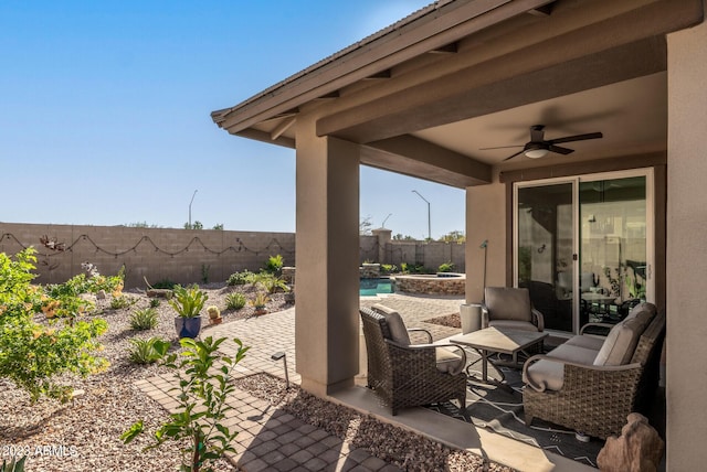 14655 W Pasadena Ave, Litchfield Park, AZ 85340 - view of patio with a fenced in pool, a fenced backyard, and ceiling fan
