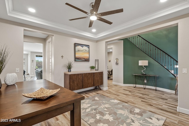 14655 W Pasadena Ave, Litchfield Park, AZ 85340 - office area with ornamental molding, recessed lighting, a ceiling fan, a tray ceiling, and wood finished floors