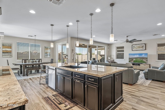 14655 W Pasadena Ave, Litchfield Park, AZ 85340 - kitchen with ceiling fan, visible vents, recessed lighting, a sink, and light wood finished floors