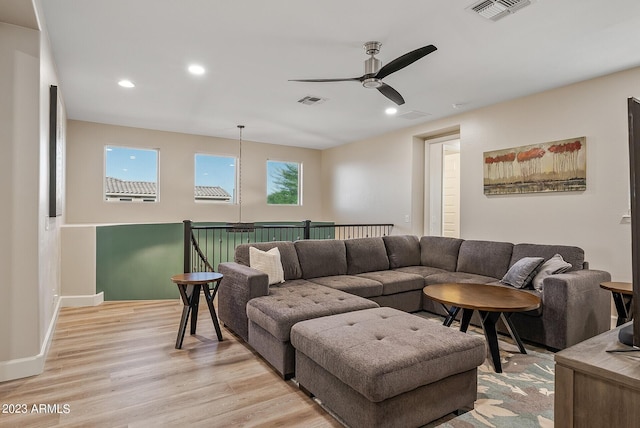 14655 W Pasadena Ave, Litchfield Park, AZ 85340 - living room with visible vents, a ceiling fan, recessed lighting, and light wood finished floors