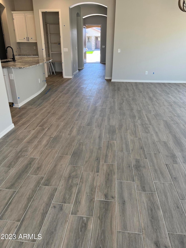 unfurnished living room with sink and dark wood-type flooring