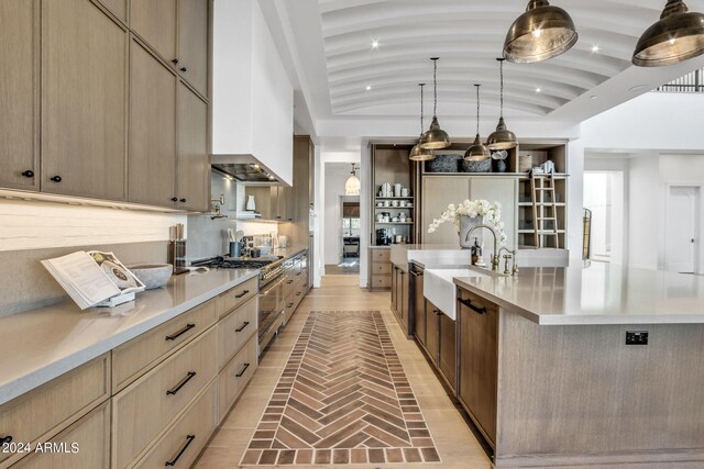 kitchen with stainless steel appliances, sink, custom range hood, light hardwood / wood-style floors, and a kitchen island with sink