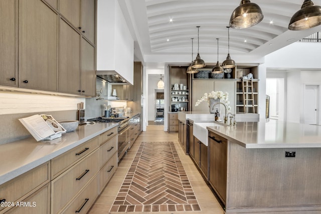 kitchen featuring a sink, light countertops, and a large island with sink