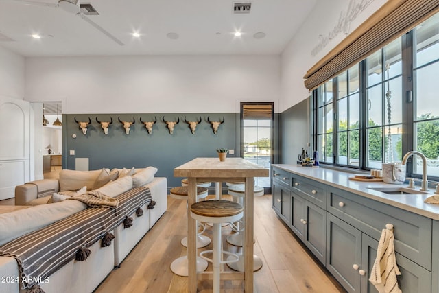 kitchen featuring light wood-style flooring, gray cabinets, light countertops, and a sink