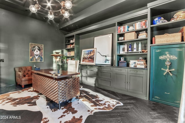 interior space featuring a notable chandelier, built in features, and dark parquet floors