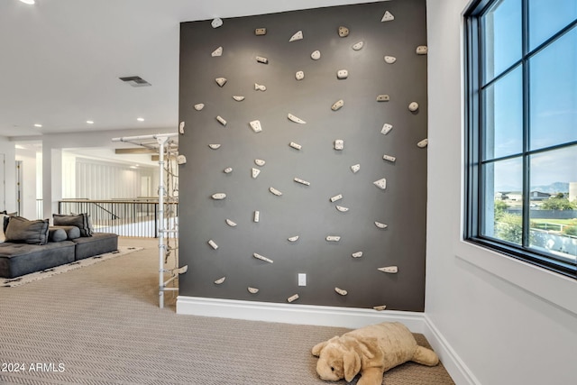 game room with carpet floors, visible vents, and baseboards