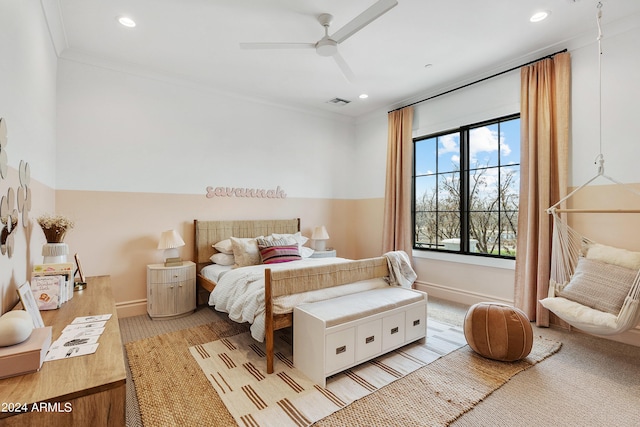 bedroom featuring recessed lighting, visible vents, baseboards, a ceiling fan, and crown molding