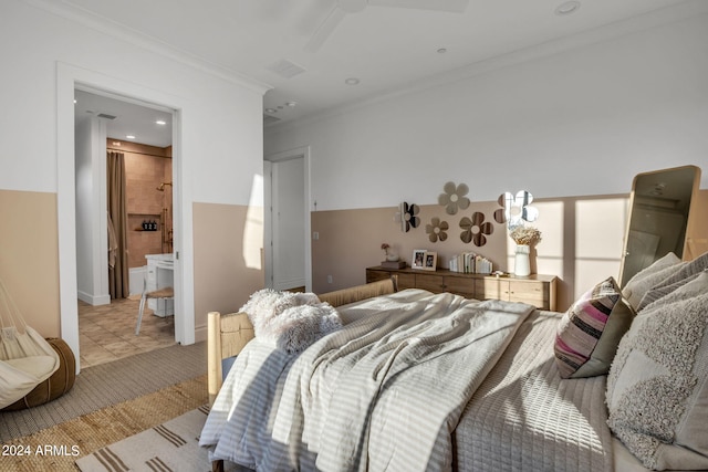 bedroom featuring recessed lighting, ornamental molding, and light colored carpet