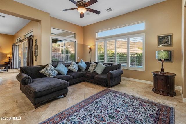 living room featuring ceiling fan