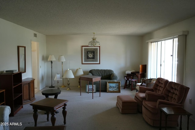 carpeted living room featuring a textured ceiling