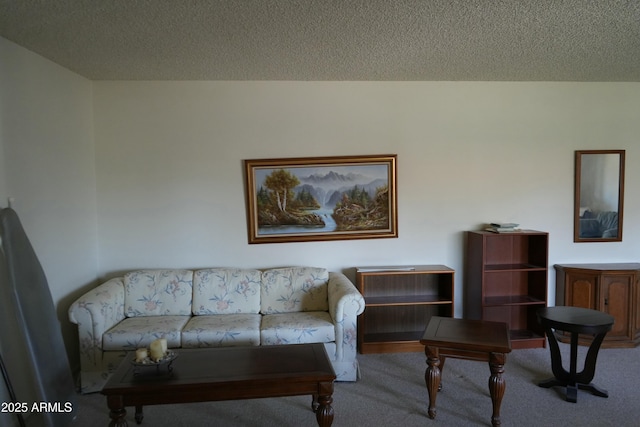 living room with light colored carpet and a textured ceiling