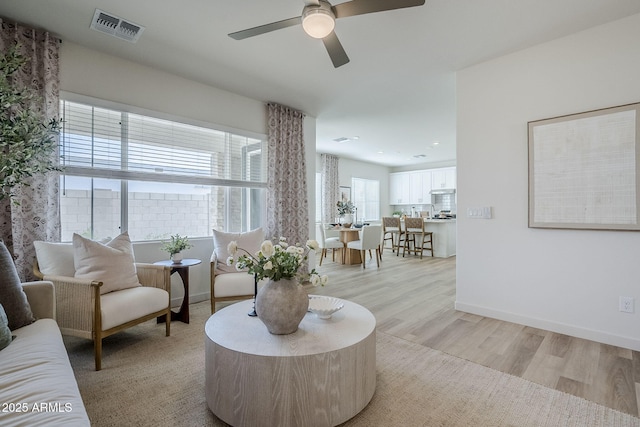 644 N Vine St, Chandler, AZ 85225 - living room with light wood finished floors, a ceiling fan, and baseboards