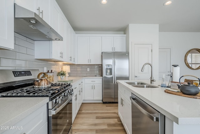 644 N Vine St, Chandler, AZ 85225 - kitchen with appliances with stainless steel finishes, under cabinet range hood, a sink, light wood-type flooring, and white cabinetry